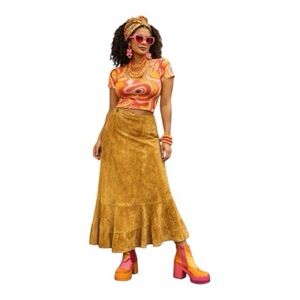 Chico’s Tan Suede Leather A-Line Flared Maxi Skirt Lined Panel Stitch Boho Sz 2